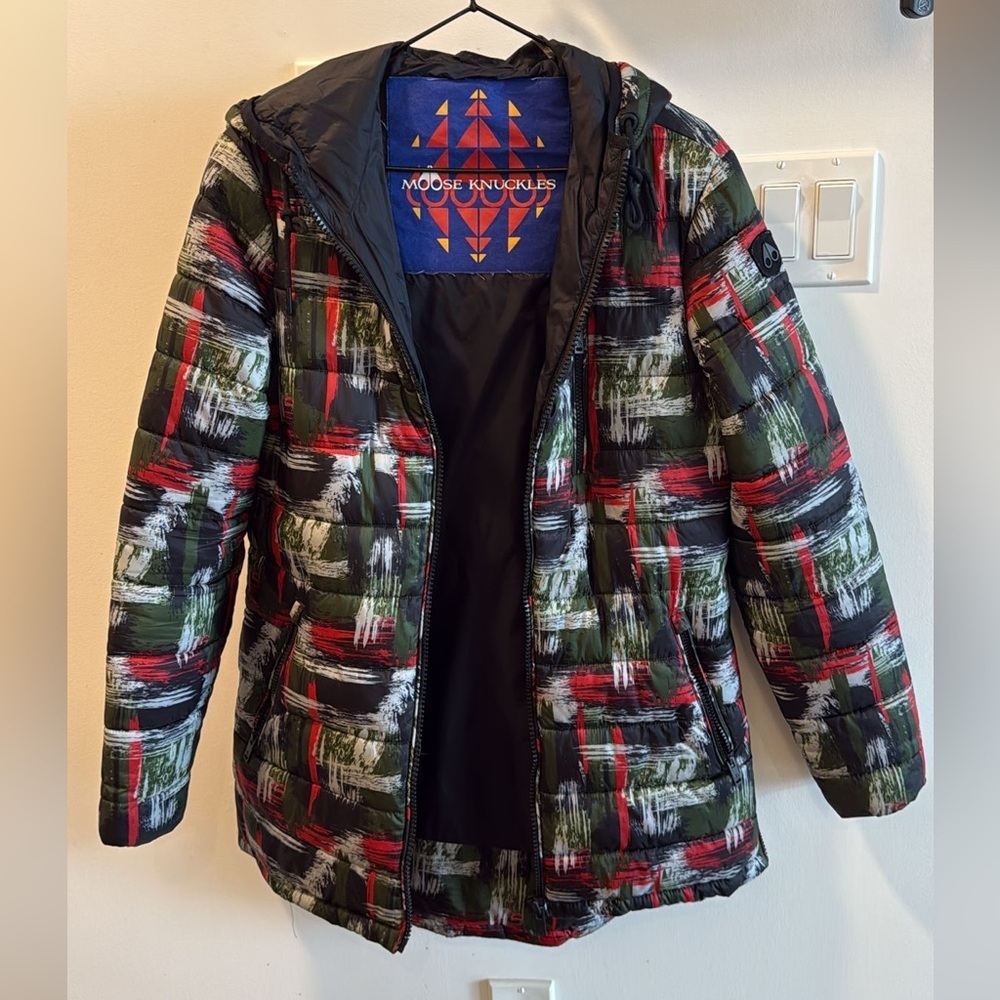 Moose Knuckles Brushstroke Print Hooded Puffer Jacket size Small - Picture 2 of 10